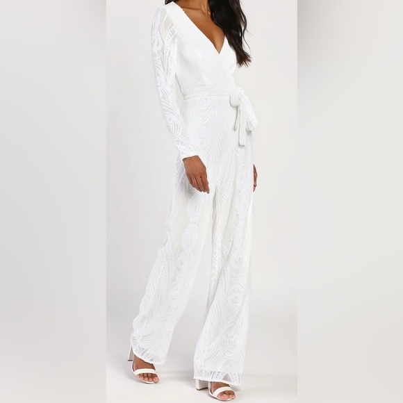 Lulus Magical Muse White Sequin Long Sleeve Wide Leg Jumpsuit Size M - Picture 1 of 6